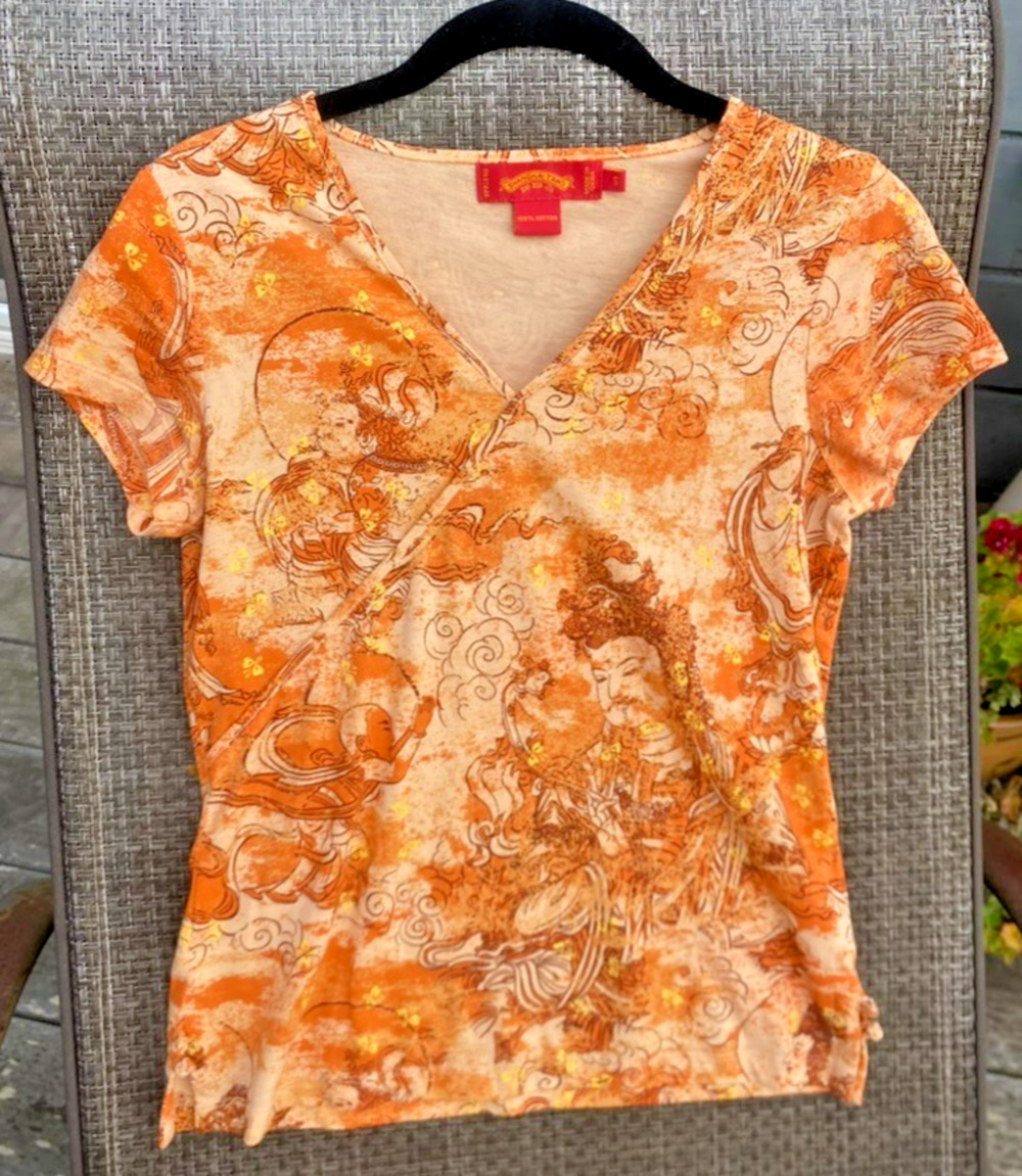 SHANGHAI TANG Archival Vintage Y2K "Quanyin Goddess" Graphic Cheongsam Top S